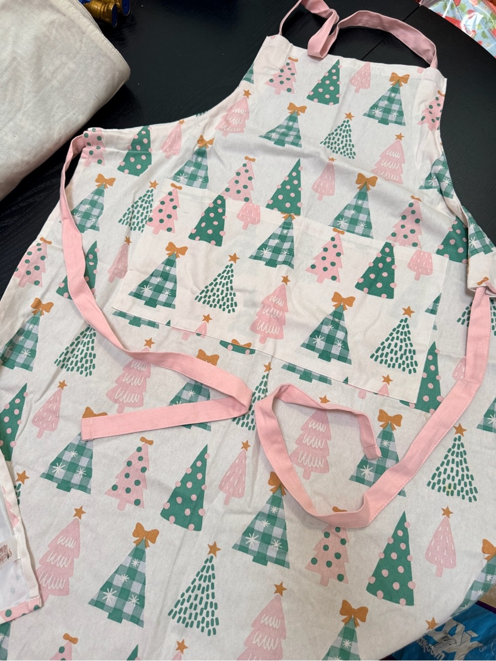 Holiday Tree Print Kitchen Apron- Pink & Green